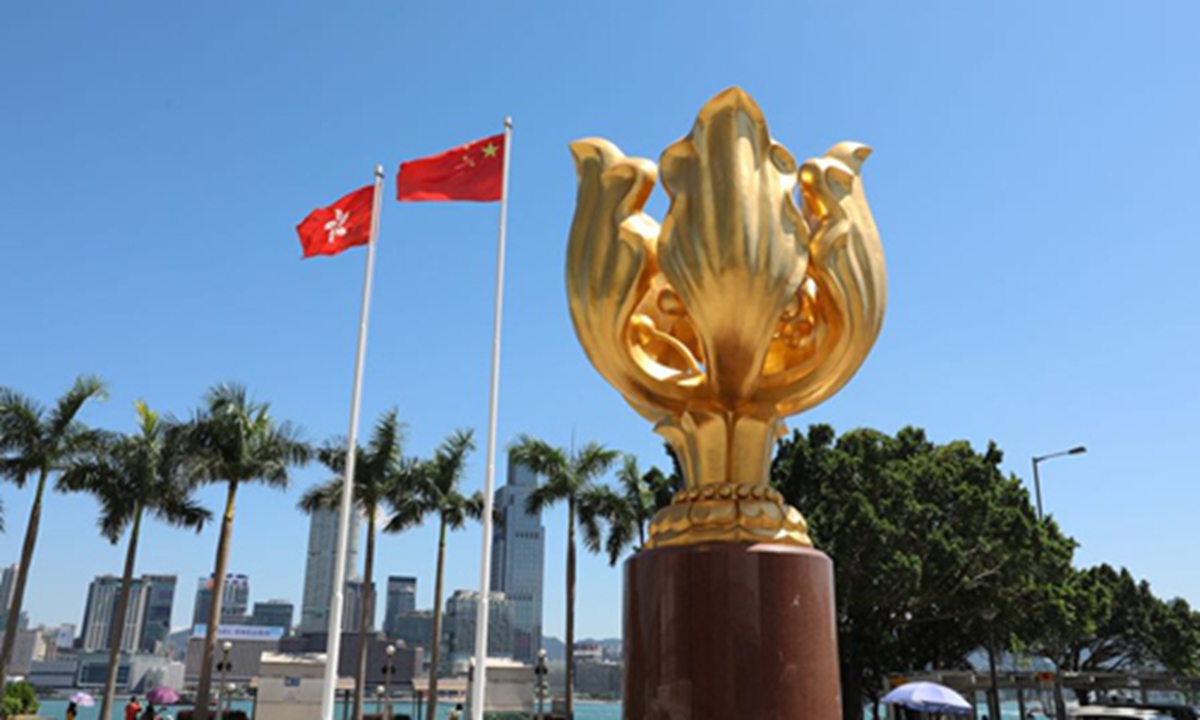 Photo taken on Aug. 5, 2019 shows China's national flag and the flag of the Hong Kong Special Administrative Region on the Golden Bauhinia Square in Hong Kong, south China. Photo: Xinhua
