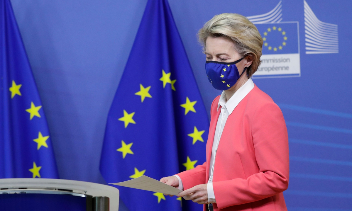 European Commission President Ursula von der Leyen attends a press conference at the EU headquarters in Brussels on Sunday. On the same day, she had a phone call with British Prime Minister Boris Johnson agreeing to continue Brexit trade talks. Photo: VCG