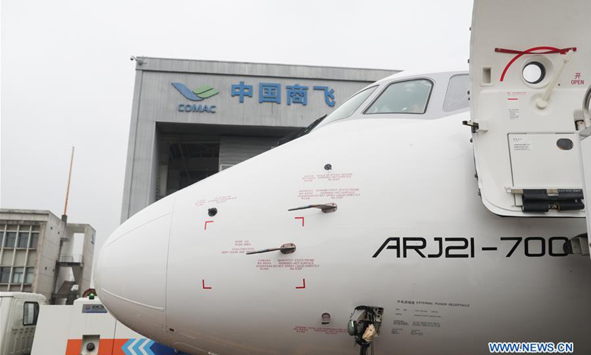 The first ARJ21 aircraft Genghis Khan Airlines received from the Commercial Aircraft Corp. of China (COMAC) is parked at Dachang Airbase in east China's Shanghai, Feb. 22, 2019. The delivery marks the beginning of China's indigenously developed jetliners' scale operation. The ARJ21 took off from Shanghai heading for Hohhot Baita International Airport in north China's Inner Mongolia Autonomous Region on Thursday. (Xinhua/Ding Ting)