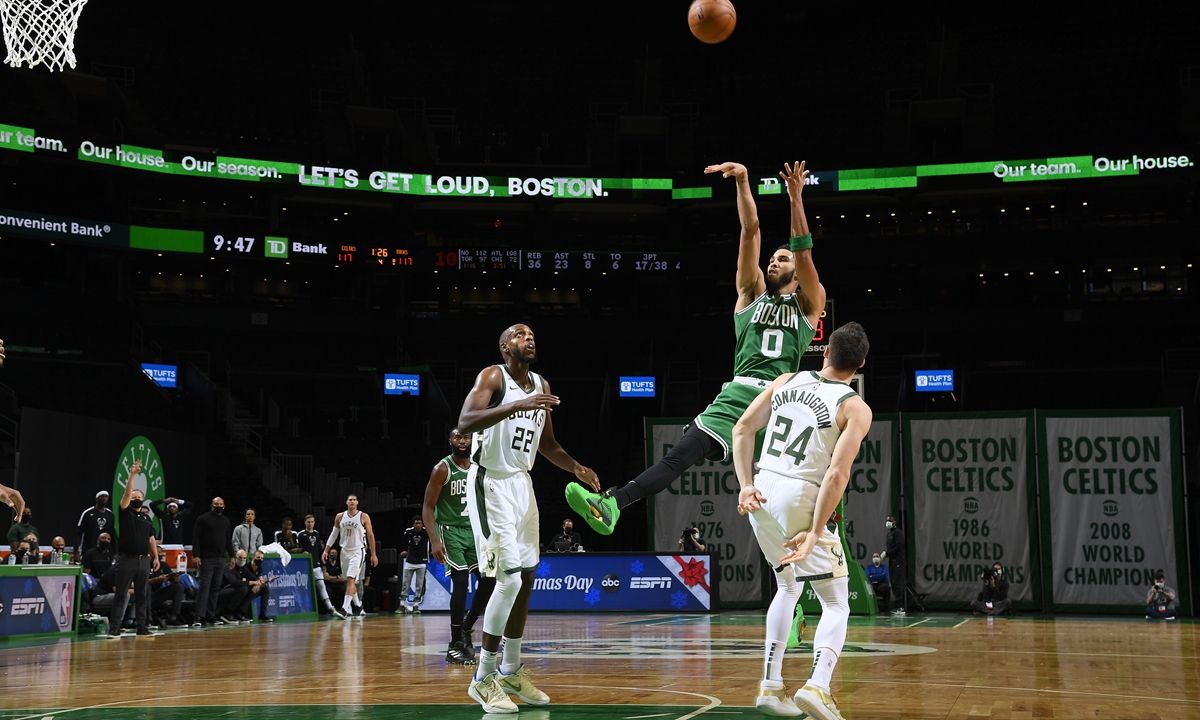 Jayson Tatum of the Boston Celtics shoots the ball against the