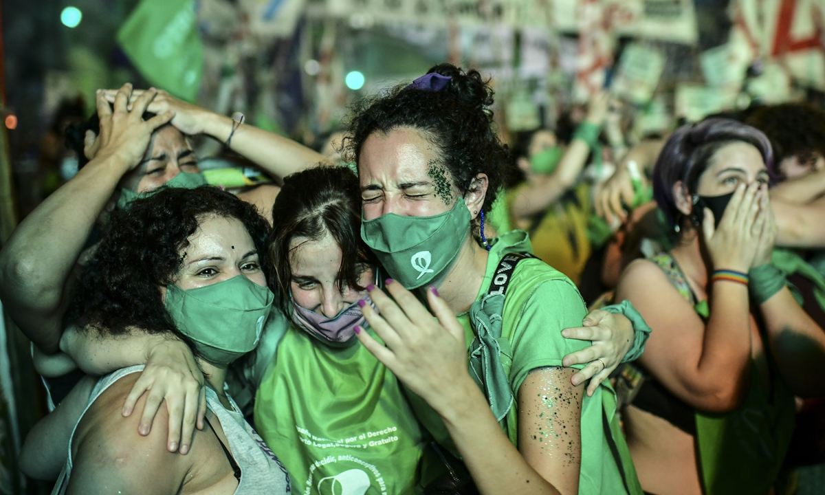 Pro-choice activists go emotional after the Senate approved a bill to legalize abortion outside the Congress in Buenos Aires, Argentina on Wednesday. Photo: AFP