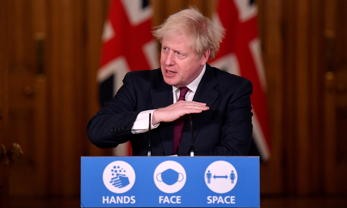 British Prime Minister Boris Johnson has approved placing more parts of the country into the highest level of restrictions, known as tier 4, on December 19. Photo: VCG