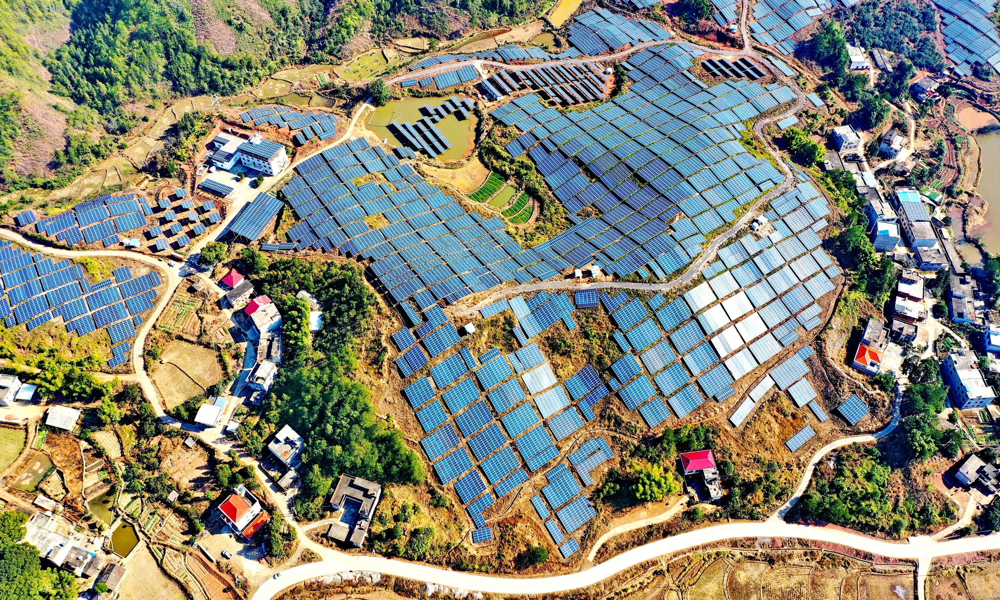 A panoramic view of a solar panel field in Huichang, East China’s Jiangxi Province on Monday. Local government in recent years has developed several solar panel plus poverty alleviation projects, which have increased people’s incomes and provided more jobs. Photo: CNSphoto