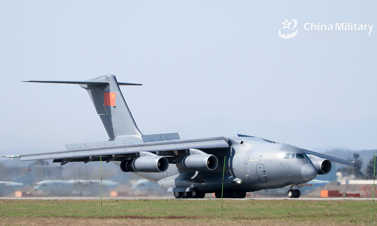 A Y-20 large transport aircraft attached to an aviation division under the PLA Western Theater Command taxies on the runway during a flight training mission on January 4, 2021. (eng.chianmil.com.cn/Photo by Liu Shu)