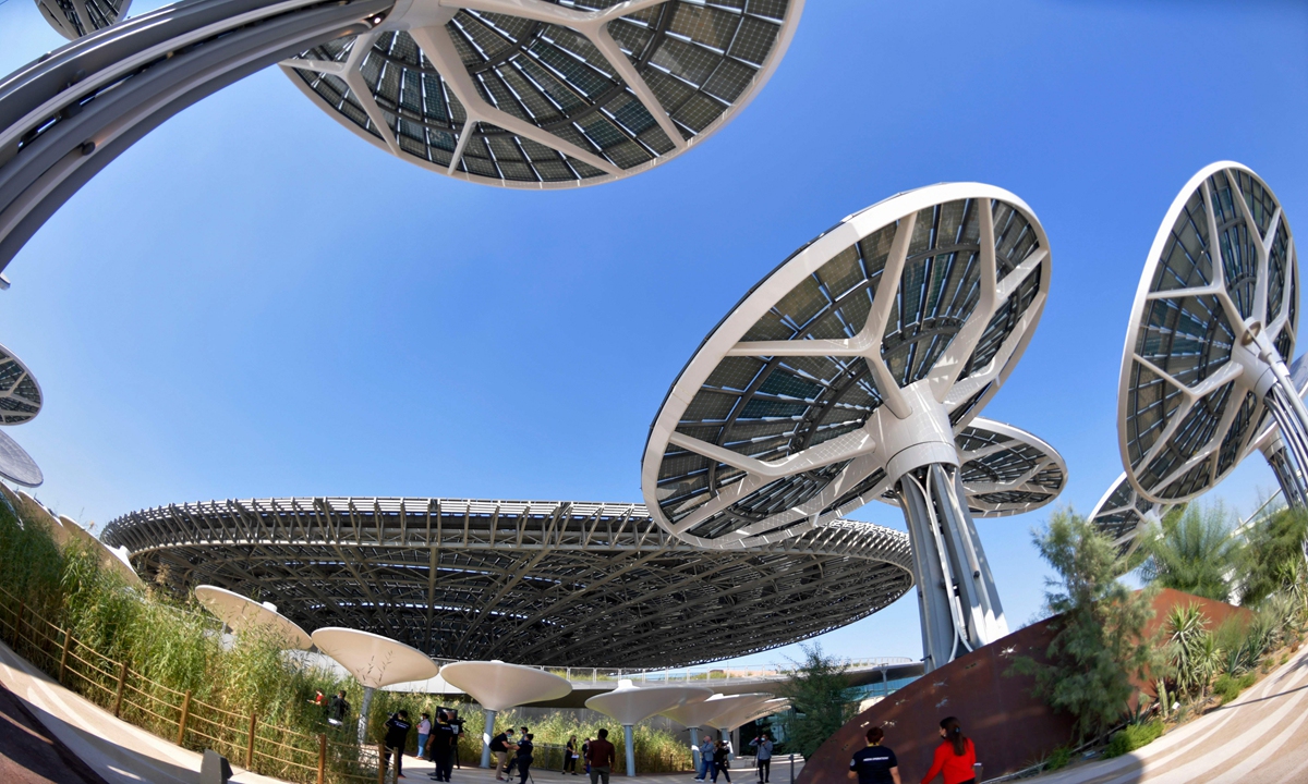 Solar panels used to generate renewable energy are seen at the Sustainability Pavilion during a media tour at the Dubai Expo 2020 on January 16. Photo: VCG