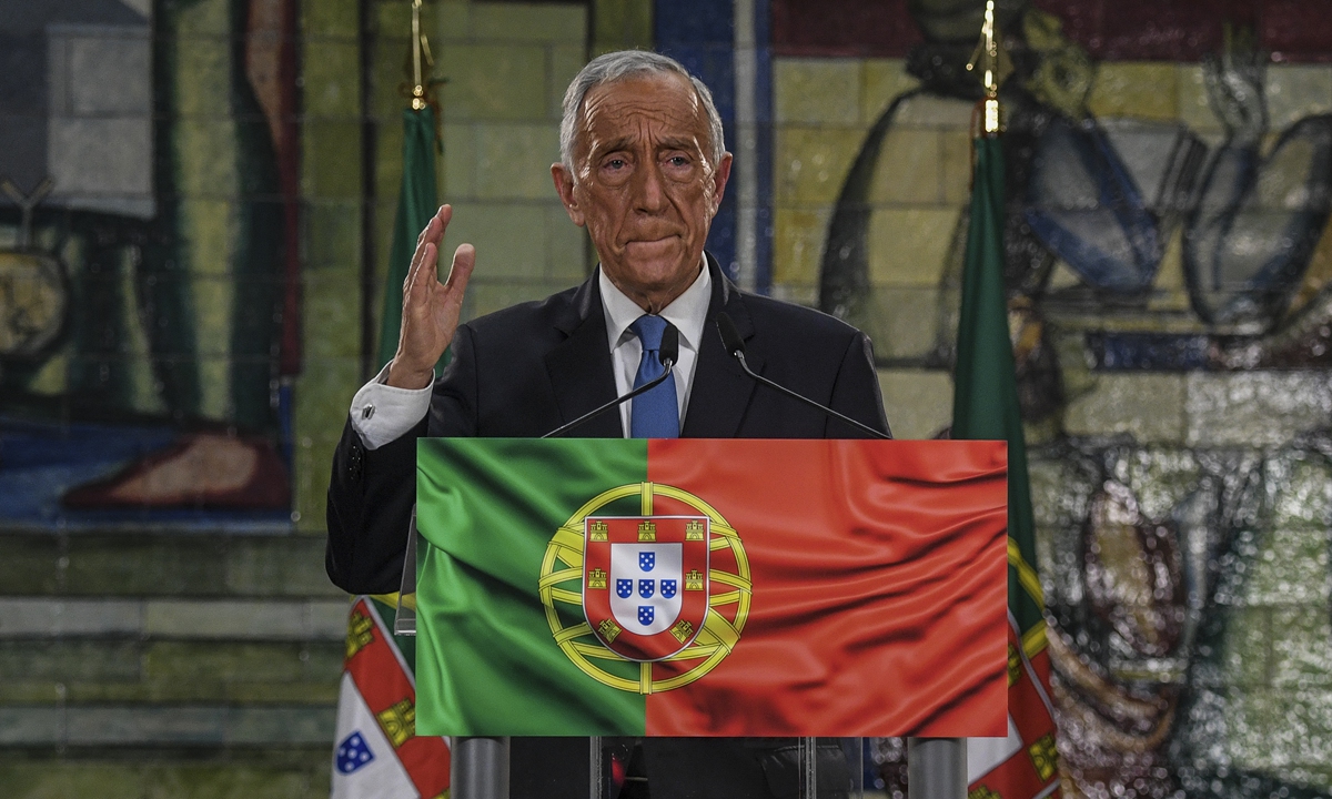 Marcelo Rebelo de Sousa delivers his victory speech after being reelected as Portuguese President during the 2021 presidential elections in Lisbon on Sunday. Photo: AFP