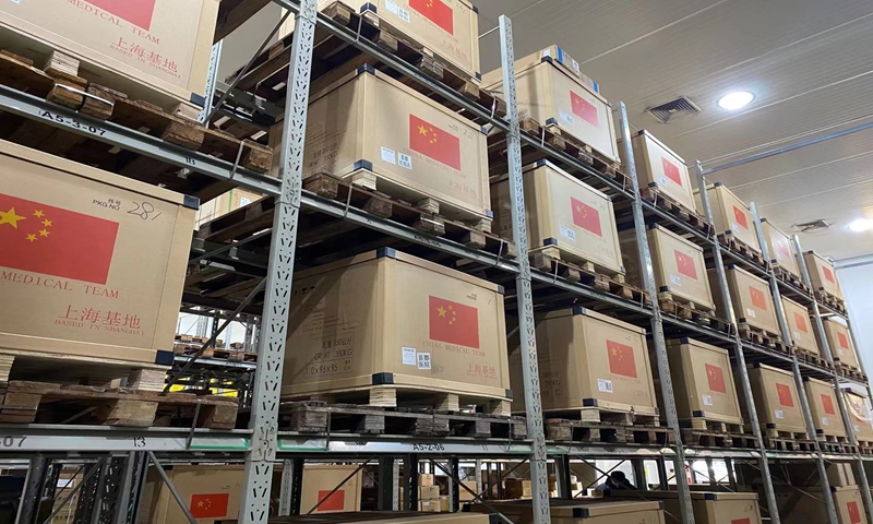 Pallets of medical supplies to be delivered to Chinese foreign aid medical teams in overseas countries and regions Courtesy of Shanghai Municipal Health Commission