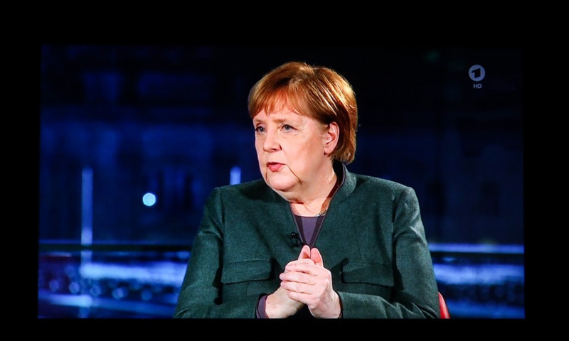 German Chancellor Angela Merkel is seen in a televised interview with the German public broadcast ARD in Berlin, Germany, Feb. 2, 2021.(Photo: Xinhua)