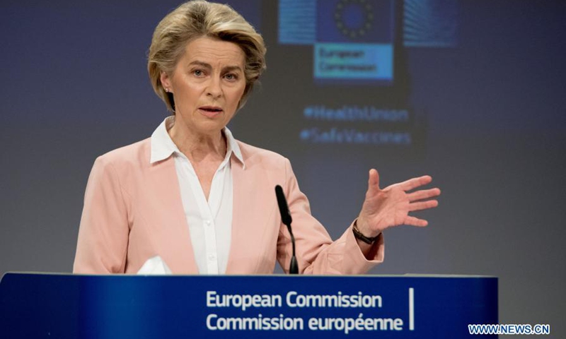 European Commission President Ursula von der Leyen attends a press conference in Brussels, Belgium, on Feb. 17, 2021. The European Union (EU) on Wednesday stepped up its efforts to detect and fight COVID-19 variants by bringing together various stakeholders to develop new and adapted vaccines. Photo: Xinhua