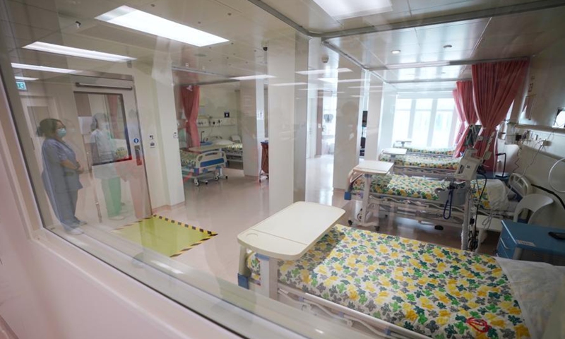 Photo taken on Feb. 25, 2021 shows a ward of the North Lantau Hospital Hong Kong Infection Control Center (HKICC) in south China's Hong Kong. 