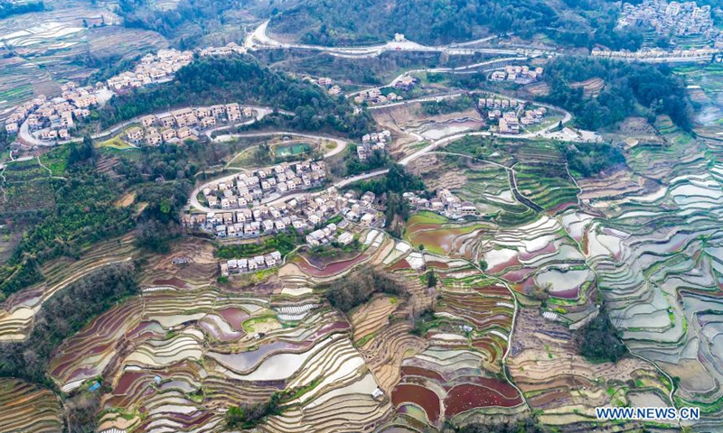 Aerial photo taken on Feb. 24, 2021 shows the scenery of Hani terraced fields in Yuanyang County of Honghe Hani and Yi Autonomous Prefecture, southwest China's Yunnan Province.Photo:Xinhua