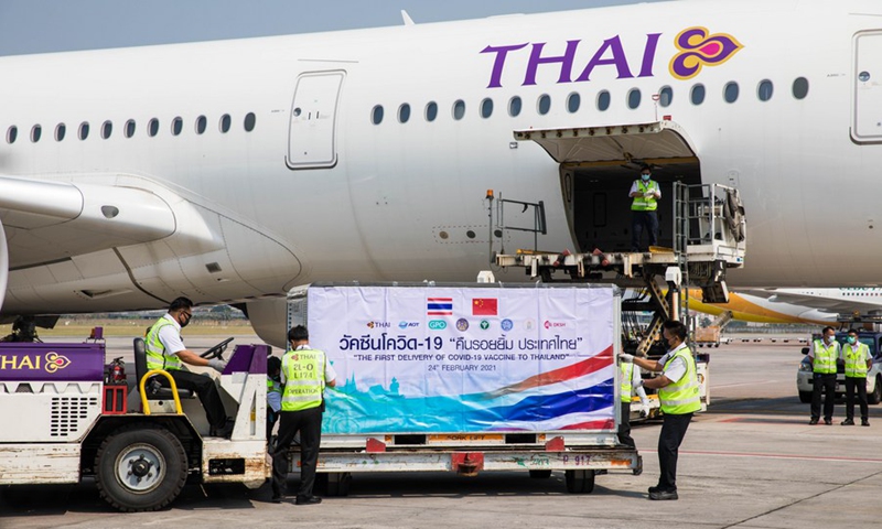 The first batch of COVID-19 vaccines arrive at Suvarnabhumi Airport in Bangkok, Thailand, Feb. 24, 2021.(Photo: Xinhua)