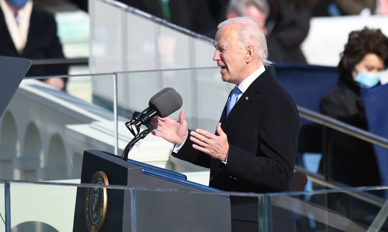 U.S. President Joe Biden delivers his inaugural address after he was sworn in as the 46th President of the United States in Washington, D.C., the United States, on Jan. 20, 2021.(Photo: Xinhua)