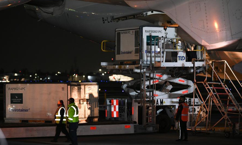 Staff members unload temperature-controlled cargo containers with COVID-19 vaccines from Chinese company Sinovac at Mexico International Airport in Mexico City, Mexico, Feb. 27, 2021. The second shipment of COVID-19 vaccines from Chinese company Sinovac arrived in Mexico City on Saturday.Photo:Xinhua