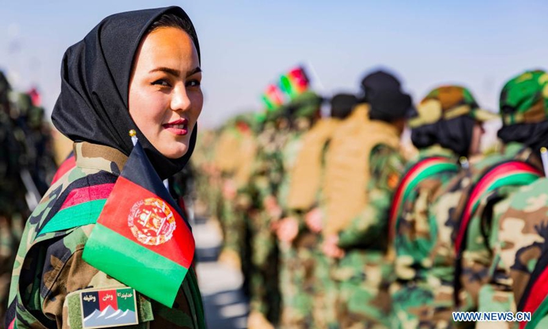 An Afghan female soldier attends an event to mark the National Day of Armed Forces in Herat, Afghanistan, Feb. 27, 2021. Afghanistan on Saturday marked the National Day of Armed Forces as the security forces keep fighting a Taliban-led insurgency, the state-run TV channel reported.(Photo: Xinhua)