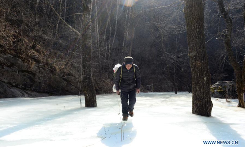 Rong Ximin wearing crampons carries daily necessities at Tuoliang National Nature Reserve, north China's Hebei Province, Feb. 27, 2021.Photo:Xinhua