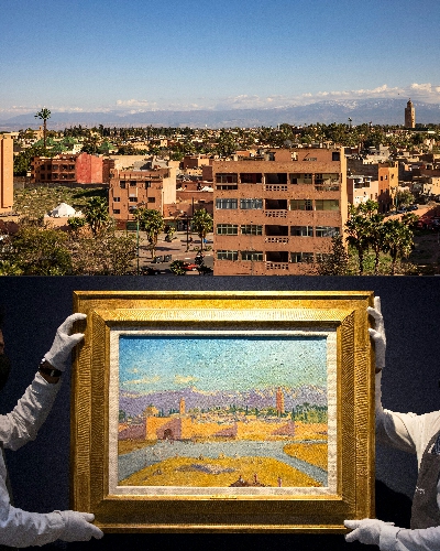 Top: The Moroccan city of Marrakesh on February 24
Gallery workers hold with The Tower of Koutoubia Mosque by Winston Churchill on February 17. Photos: AFP
