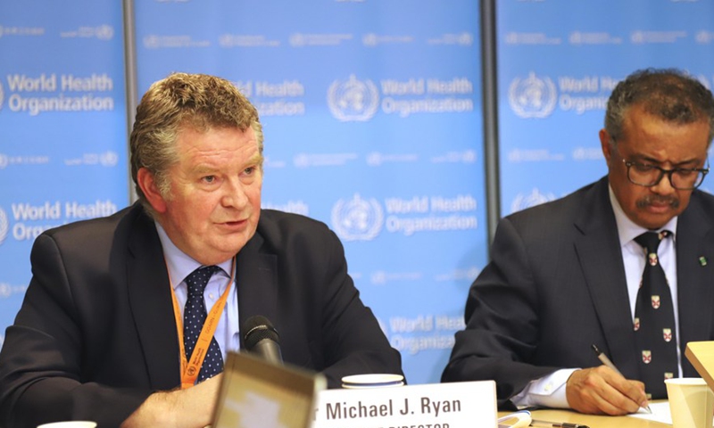 Dr. Michael Ryan(L), executive director of the World Health Organization (WHO) Health Emergencies Program, addresses a press conference in Geneva, Switzerland, Feb. 18, 2020.(Photo: Xinhua)