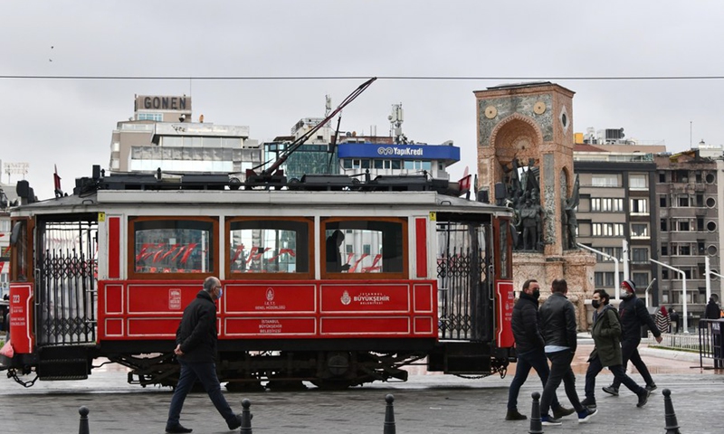 People are seen at Taksim square in Istanbul, Turkey, Feb. 25, 2021.(Photo: Xinhua)