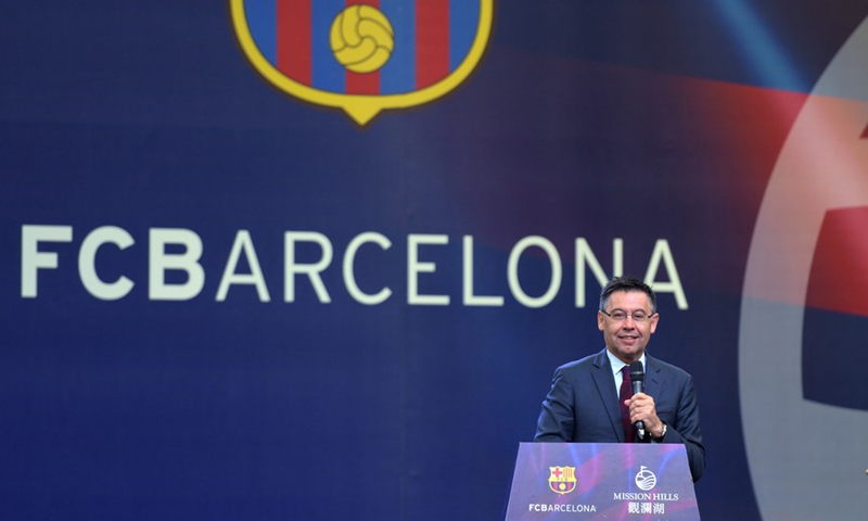 President of Futbol Club Barcelona (FCB) Josep Maria Bartomeu addresses during the partnership agreement signing ceremony with Mission Hills Group in Haikou, south China's Hainan Province, Feb. 24, 2017. FCB and Mission Hills Group announced a landmark collaboration on Friday to make Hainan province a hub of football for China and the wider region.(Photo: Xinhua)
