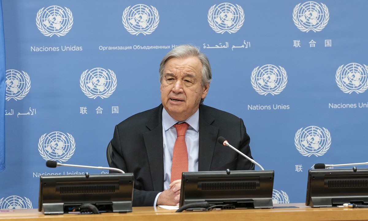 Hybrid press briefing by Secretary General Antonio Guterres on the occasion of launching UNEP (UN Environment Programme) report Making Peace With Nature at UN Headquarters on February 18. Photo: VCG