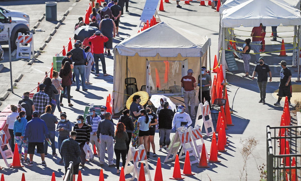 People line up to be tested for COVID-19 in Lincoln Park, Los Angeles, California, the US. The number of coronavirus cases in the US tops 13.5 million on November 30, 2020. Photo: VCG