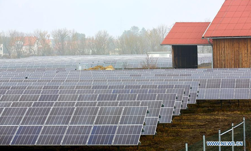 Photo taken on March 3, 2021 shows the photovoltaic system of Donaustadt in Vienna, Austria. The photovoltaic system of Donaustadt was put into operation here on Wednesday. The system will produce over 12 gigawatt hours of electricity for 4,900 Viennese households per year.Photo:Xinhua
