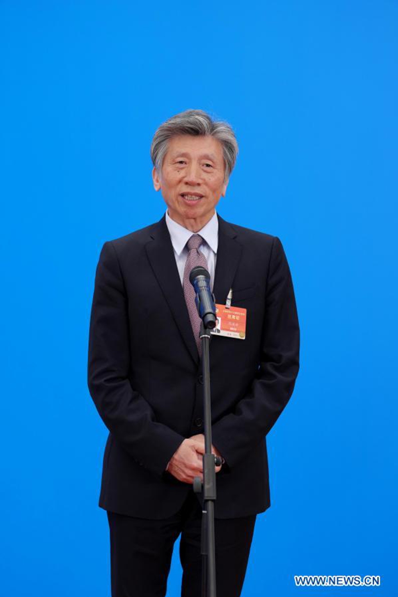 Fan Di'an, a member of the 13th National Committee of the Chinese People's Political Consultative Conference (CPPCC), is interviewed via video link ahead of the opening of the fourth session of the 13th CPPCC National Committee at the Great Hall of the People in Beijing, capital of China, March 4, 2021. (Xinhua/Li He)