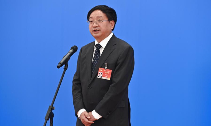 Wan Jianmin, a member of the 13th National Committee of the Chinese People's Political Consultative Conference (CPPCC), is interviewed via video link ahead of the opening of the fourth session of the 13th CPPCC National Committee at the Great Hall of the People in Beijing, capital of China, March 4, 2021. (Xinhua/Zhang Haofu)
