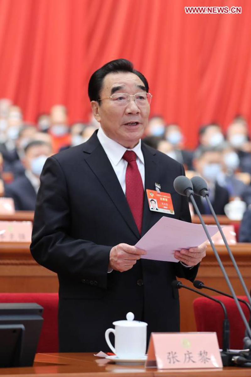 Zhang Qingli presides over the opening meeting of the fourth session of the 13th National Committee of the Chinese People's Political Consultative Conference (CPPCC) at the Great Hall of the People in Beijing, capital of China, March 4, 2021. (Xinhua/Ju Peng)