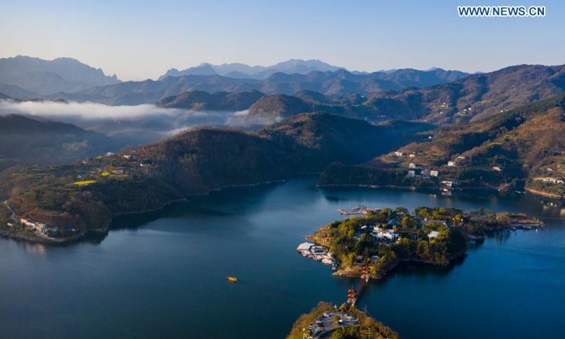 Aerial photo taken on March 4, 2021 shows a view of Ankang reservoir of the Hanjiang River in Ankang, northwest China's Shaanxi Province.Photo:Xinhua