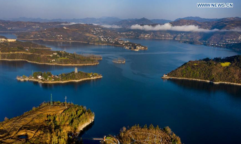 Aerial photo taken on March 4, 2021 shows a view of Ankang reservoir of the Hanjiang River in Ankang, northwest China's Shaanxi Province.Photo:Xinhua