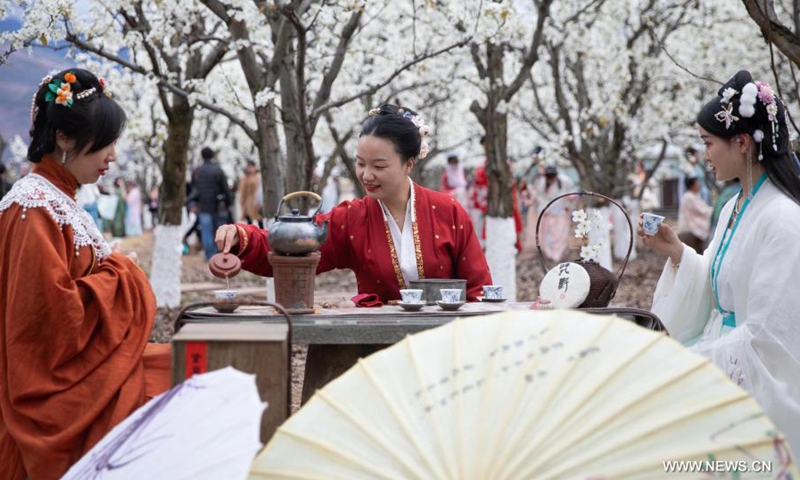 Traditional Chinese clothing fans enjoy tea amid blooming pear blossoms in Sanqiang Village of Jiuxiang Township, Hanyuan County, southwest China's Sichuan Province, March 6, 2021.Photo:Xinhua