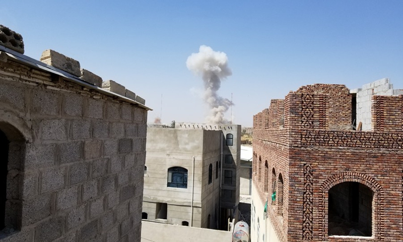 Smoke rises from a site hit by the Saudi-led coalition's airstrikes on Sanaa, Yemen on March 7, 2021.(Photo: Xinhua)