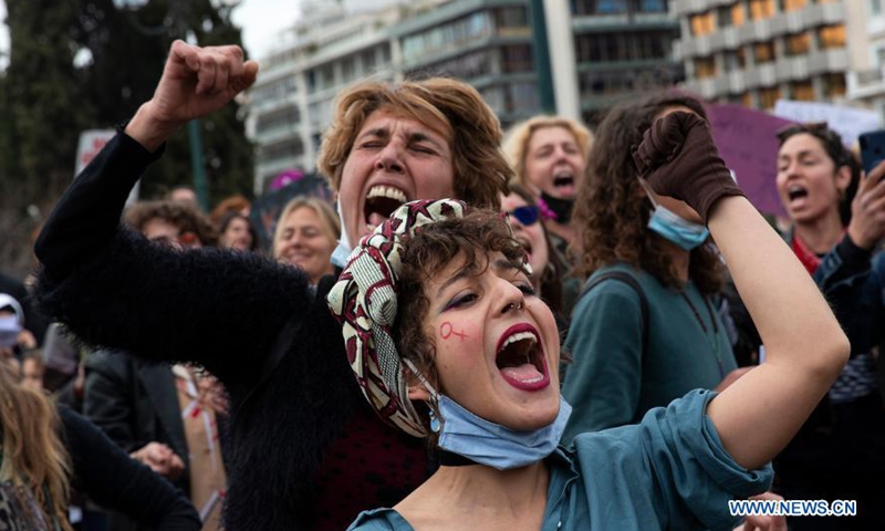 People demonstrate at Syntagma square, in front of the Greek Parliament, in Athens, Greece, on March 8, 2021, on the occasion of International Women's Day.Photo:Xinhua