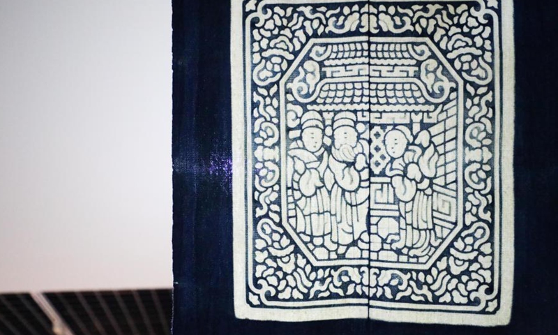 Photo taken on March 9, 2021 shows a piece of dyeing work at a research institute in Lanzhou Jiaotong University, northwest China's Gansu Province. The dyes used in this ancient printing and dyeing technique are all natural. Such technique has been listed as a provincial-level intangible cultural heritage.Photo:Xinhua