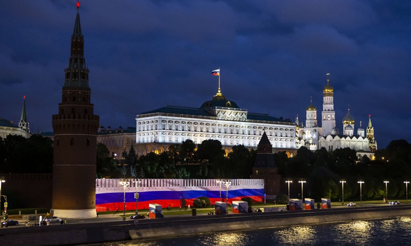 The Russian national flag is projected on the Kremlin wall to celebrate Russia Day in Moscow, Russia, on June 12, 2020.(Photo: Xinhua)