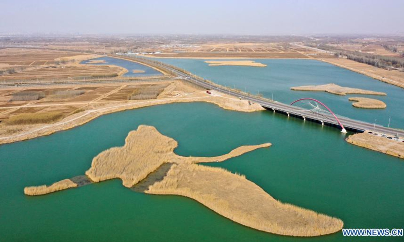 Aerial photo taken on March 2, 2021 shows the Hequanhu bridge on the Yellow River in Yinchuan, northwest China's Ningxia Hui Autonomous Region. The Ningxia section of the Yellow River runs 397 kilometers. During the past years, Ningxia has been promoting the ecological development. Currently, over 500,000 mu (about 33,333 hectares) wetland has been recovered in Ningxia, with the total wetland area covering 3.1 million mu (about 206,667 hectares).(Photo: Xinhua)