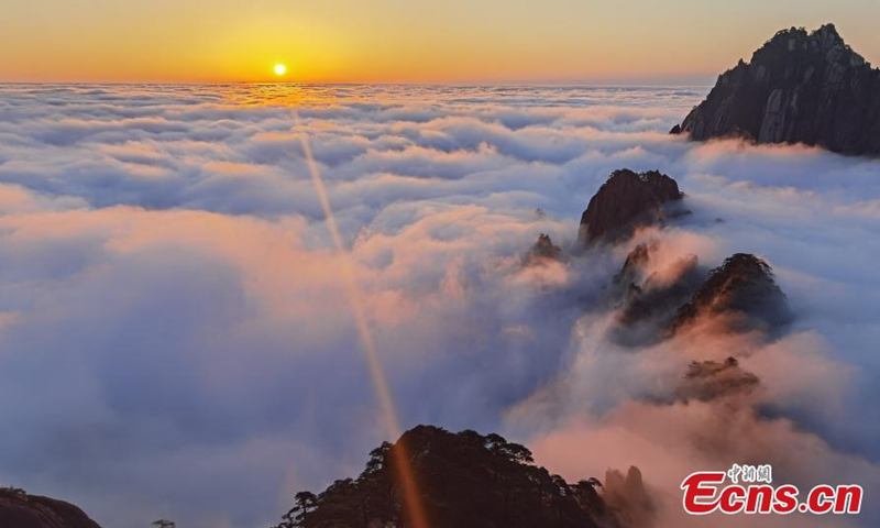 A beautiful sea of clouds occurs after a rainfall at the Huangshan Mountain scenic area in Anhui on March 10. The morning sun warmed the sea of clouds to a radiant glow.Photo:China News Service