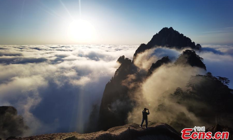 A beautiful sea of clouds occurs after a rainfall at the Huangshan Mountain scenic area in Anhui on March 10. The morning sun warmed the sea of clouds to a radiant glow.Photo:China News Service