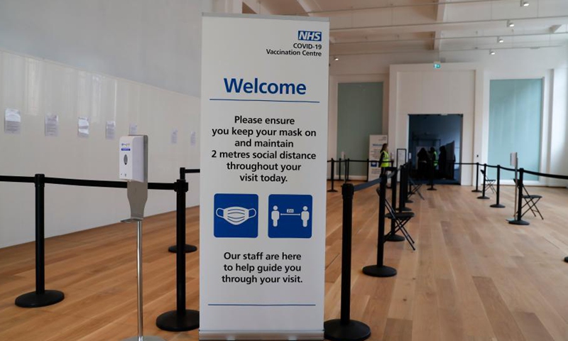 Photo taken on March 11, 2021 shows a sign at an NHS COVID-19 Vaccination Centre in the Science Museum in London, Britain.(Photo:Xinhua)