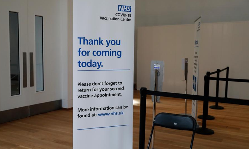 Photo taken on March 11, 2021 shows a sign at an NHS COVID-19 Vaccination Centre in the Science Museum in London, Britain.(Photo:Xinhua)