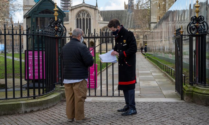 Photo taken on March 11, 2021 shows a man entering the COVID-19 Vaccination Centre in Westminster Abbey in London, Britain. (Photo:Xinhua)