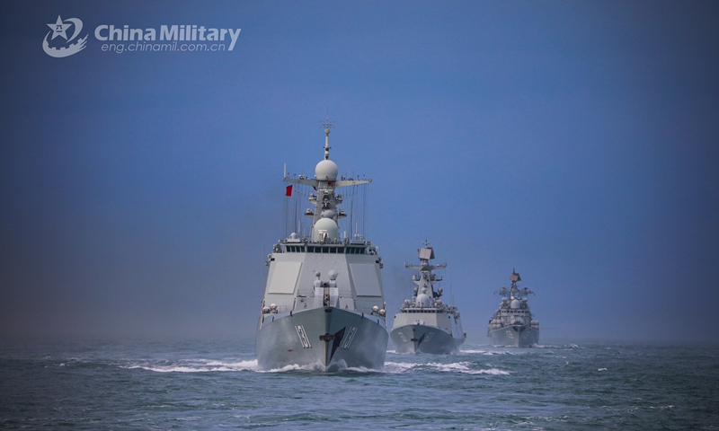 A naval fleet comprised of the guided-missile destroyers Ningbo (Hull 139) and Taiyuan (Hull 131), as well as the guided-missile frigate Nantong (Hull 601), steams in astern formation in waters of the East China Sea during a maritime training drill in late January, 2021. Photo:China Military Online