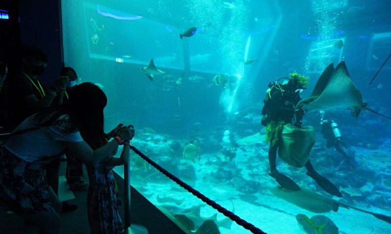 An aquarist dressed as a tiki warrior feeds the marine animals at the S.E.A. Aquarium in Singapore on March 11, 2021.(Photo:Xinhua) 