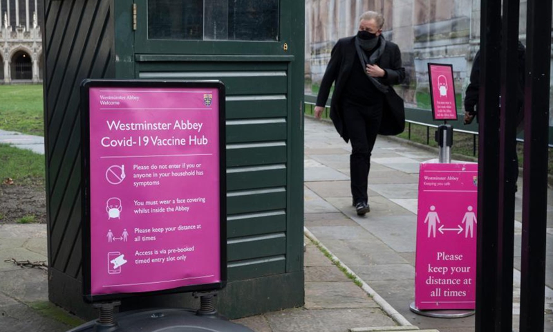 Photo taken on March 11, 2021 shows a man walking out of the COVID-19 Vaccination Centre in Westminster Abbey in London, Britain.(Photo:Xinhua)