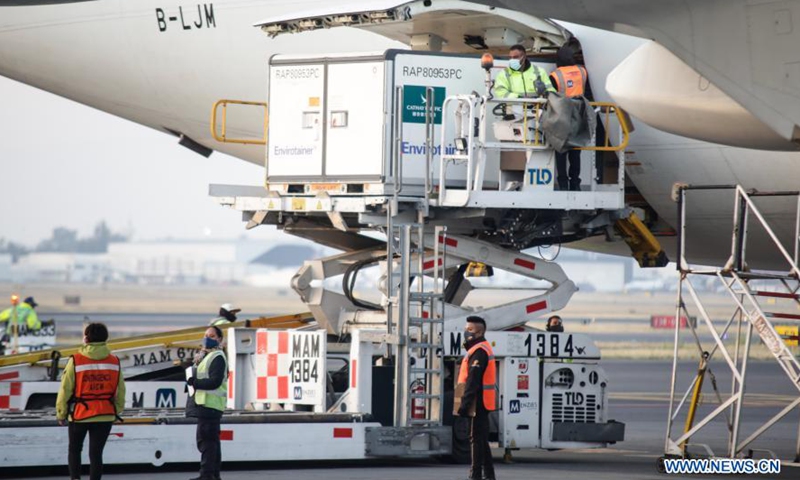 Staff members unload a container of the COVID-19 vaccine from the Chinese pharmaceutical company Sinovac at the Mexico City's international airport in Mexico, March 13, 2021. The third shipment of the COVID-19 vaccine from the Chinese pharmaceutical company Sinovac arrived Saturday at the Mexico City's international airport.Photo:Xinhua
