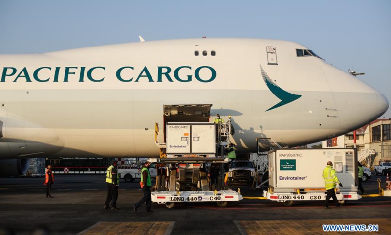 Staff members unload containers of the COVID-19 vaccine from the Chinese pharmaceutical company Sinovac at the Mexico City's international airport in Mexico, March 13, 2021. The third shipment of the COVID-19 vaccine from the Chinese pharmaceutical company Sinovac arrived Saturday at the Mexico City's international airport.Photo:Xinhua