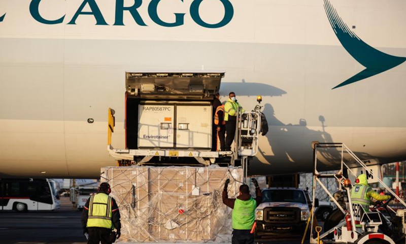 Staff members unload a container of the COVID-19 vaccine from the Chinese pharmaceutical company Sinovac at the Mexico City's international airport in Mexico, March 13, 2021. The third shipment of the COVID-19 vaccine from the Chinese pharmaceutical company Sinovac arrived Saturday at the Mexico City's international airport.Photo:Xinhua