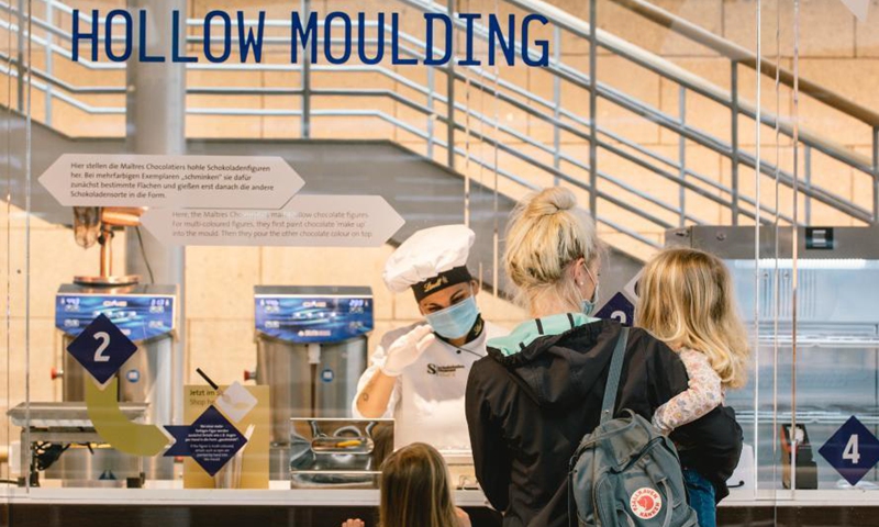 People visit the chocolate museum in Cologne, Germany, March 13, 2021. The chocolate museum in Cologne reopened here with hygiene requirements on Saturday.Photo:Xinhua